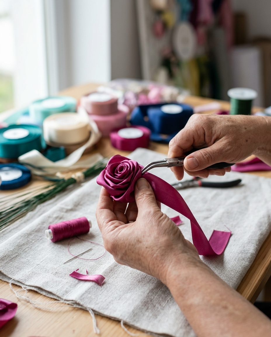 Mâini modelând un trandafir din panglică de satin la o masă de lucru